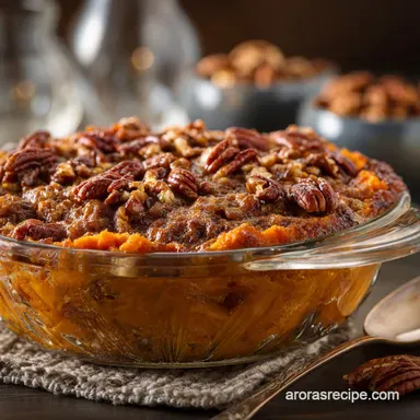 Sweet Potato Casserole: Velvety Filling Crunchy Pecan Topping Recipe Card