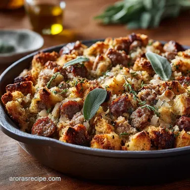 Sausage Stuffing Classic Recipe with Crispy Sage and Thyme Crust Recipe Card