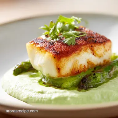 Spring Meals: Pan-Seared Halibut with Asparagus Pur&eacute;e Recipe Card