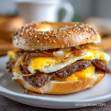 Steak Egg and Cheese Bagel Copycat with Grilled Onions Recipe Card
