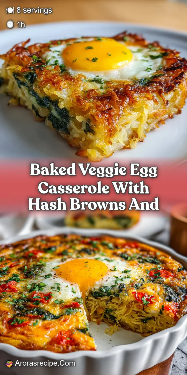 Close-up of a veggie egg casserole showcasing fluffy eggs, colorful vegetables, and crispy hash browns. An enticing, savor...