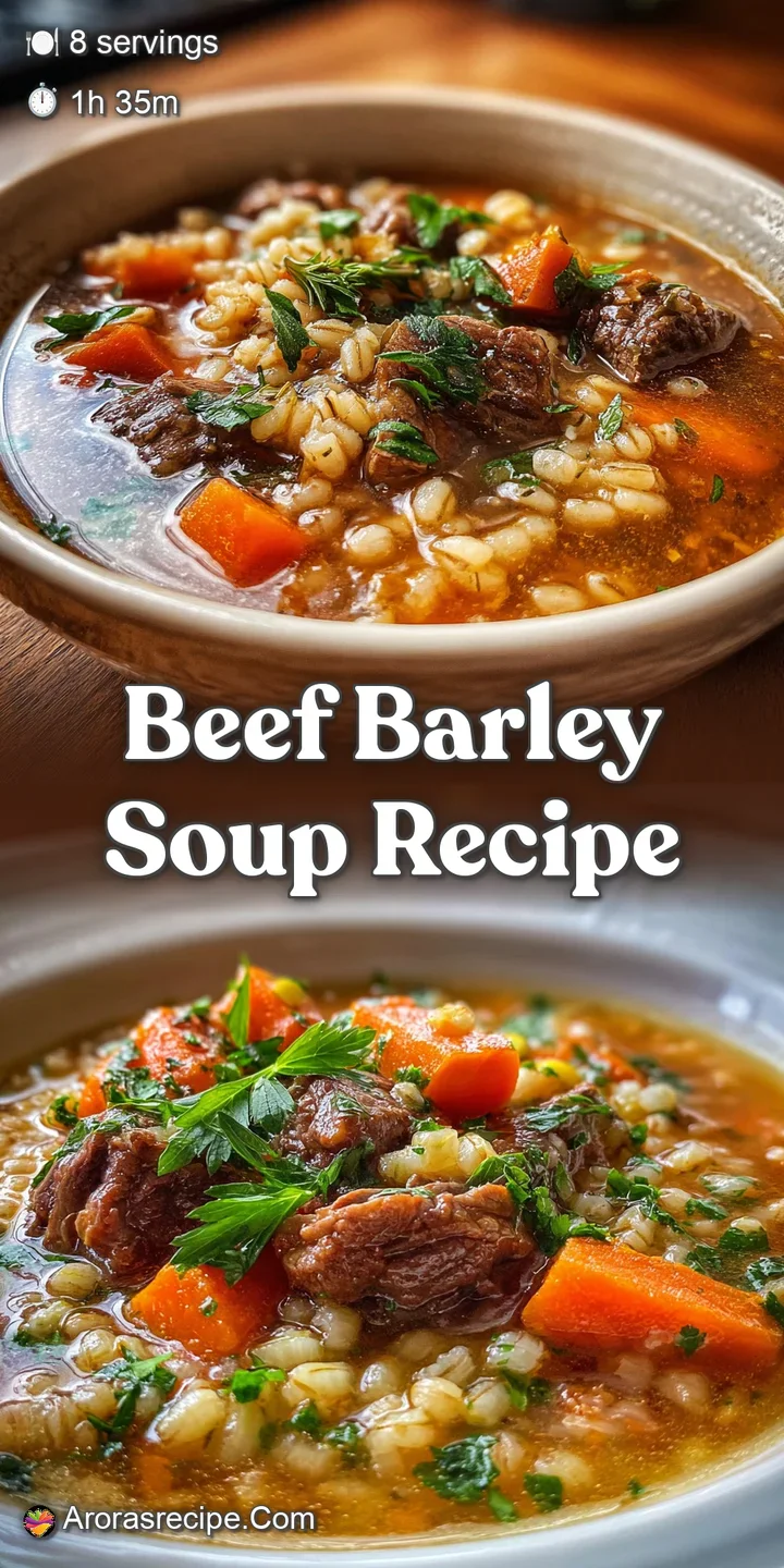 Close-up of savory beef barley soup, showcasing plump barley, tender beef, and glistening carrots in a flavorful, steaming...