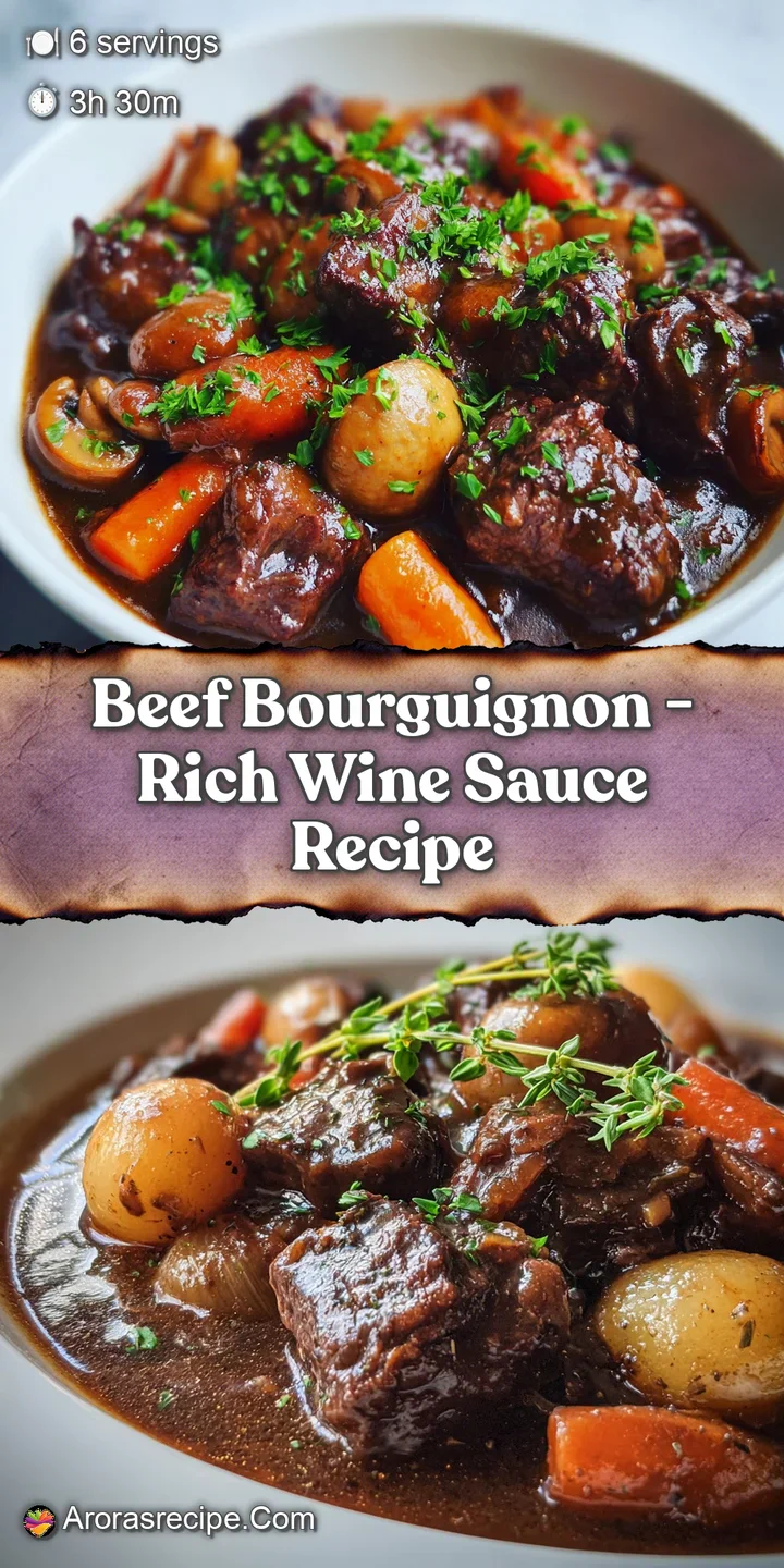 Close-up: Braised beef glistening in a wine sauce, carrots and pearl onions peek through, a hearty and deeply flavorful vi...