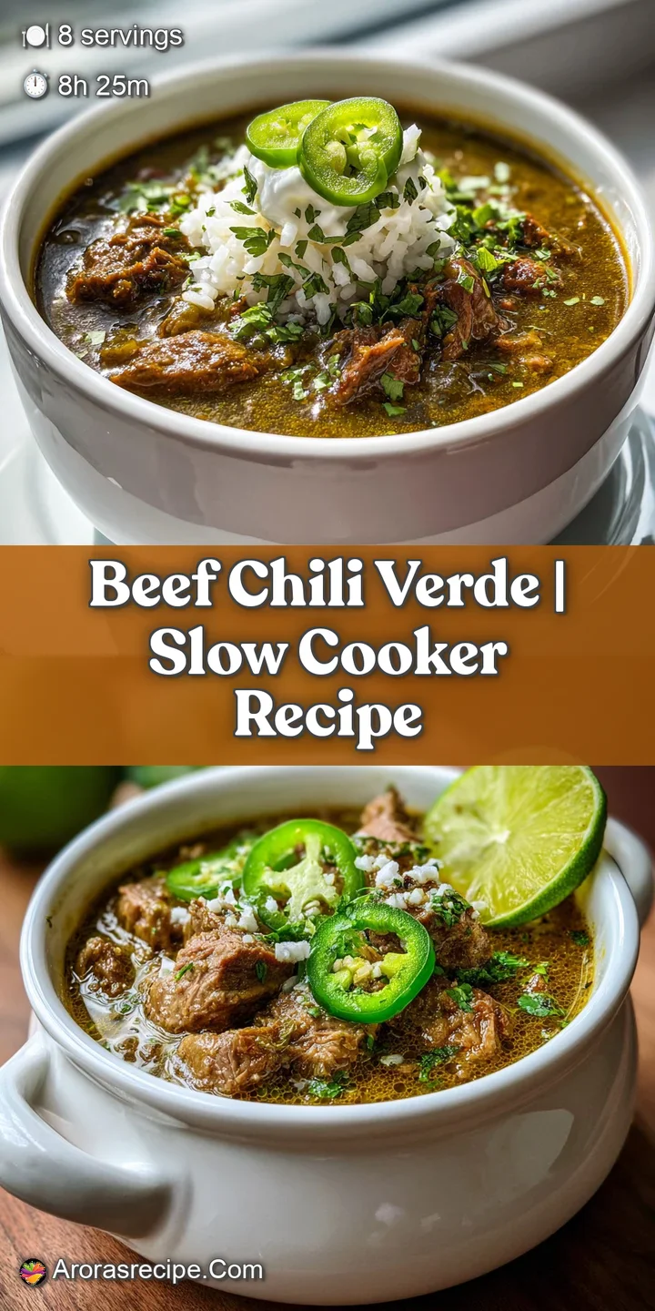 Close-up of simmering chili verde with tender beef. Rich, green sauce glistens, promising spicy warmth and flavorful comfort.