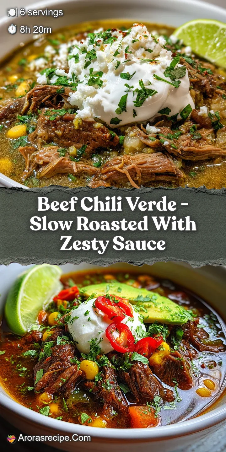 Close-up of glistening, slow-cooked beef in a bright green chili sauce, showing the tender texture and flavorful spices. A...
