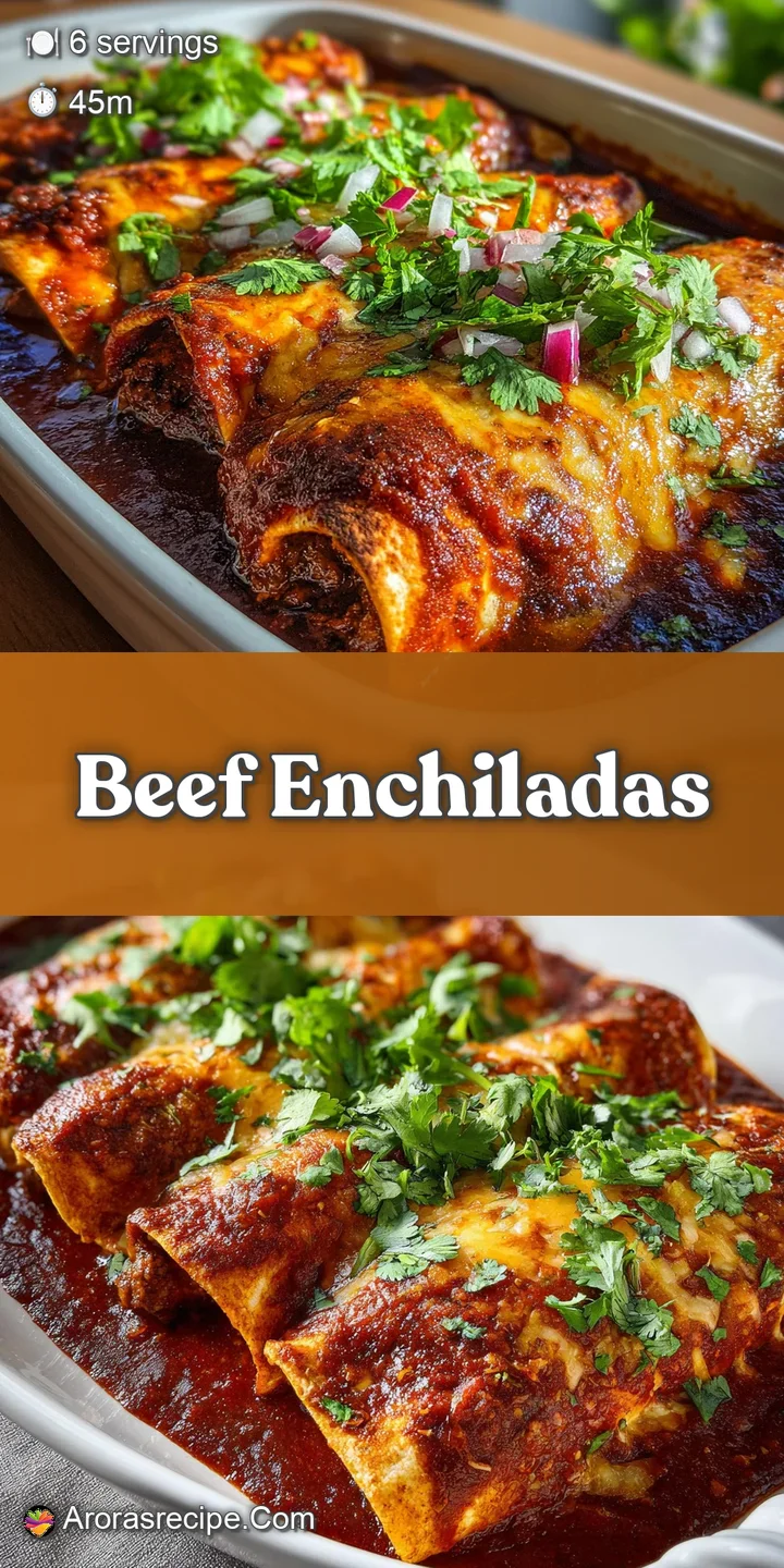 Close-up of a beef enchilada oozing with melted cheese and savory red sauce. Cilantro provides vibrant color.