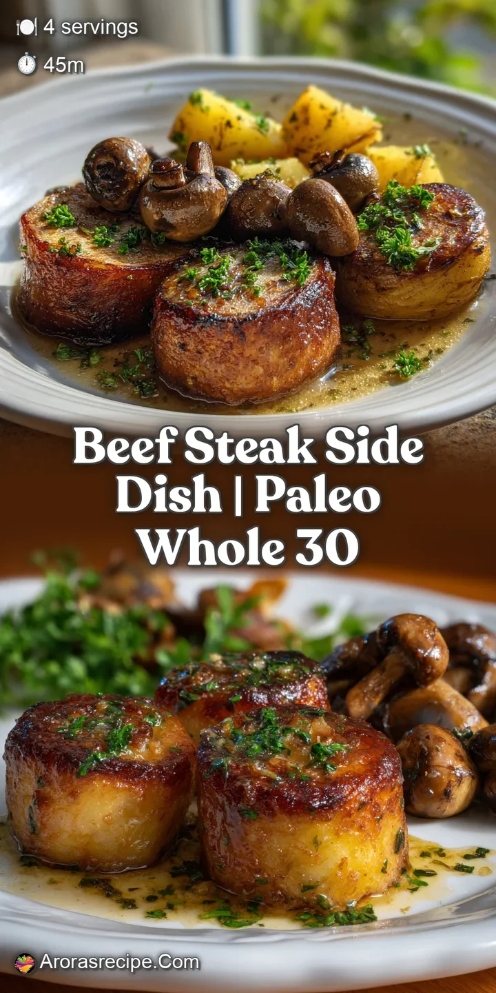 Close-up showcases the savory details: seared steak with a juicy center, alongside baked potato with a crisp, flaky skin.