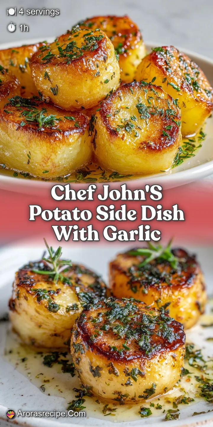 Close-up of garlic roasted potatoes: Crispy, browned edges give way to a soft, steamy interior, with visible herbs and gar...