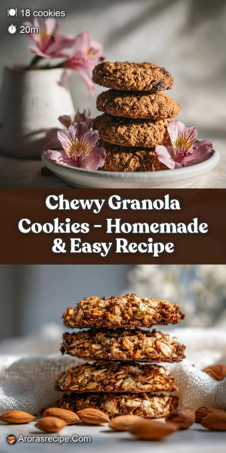 Close-up of a chewy granola cookie, showcasing the crinkled surface, visible oats, and a slightly gooey interior. Sweet an...