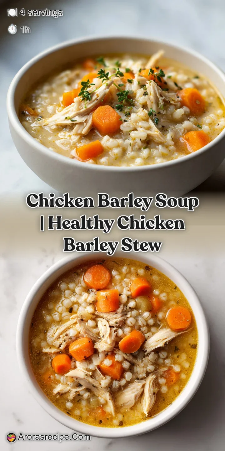 Close-up of chunky chicken and soft barley grains glistening in a rich, savory broth with flecks of green herbs.