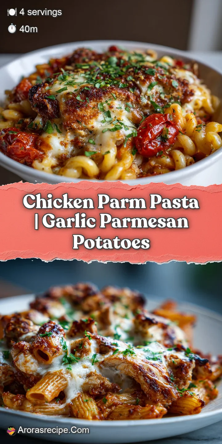 Close-up of melted mozzarella and parmesan on crispy pasta, coated in a vibrant, chunky tomato sauce and tender chicken. M...