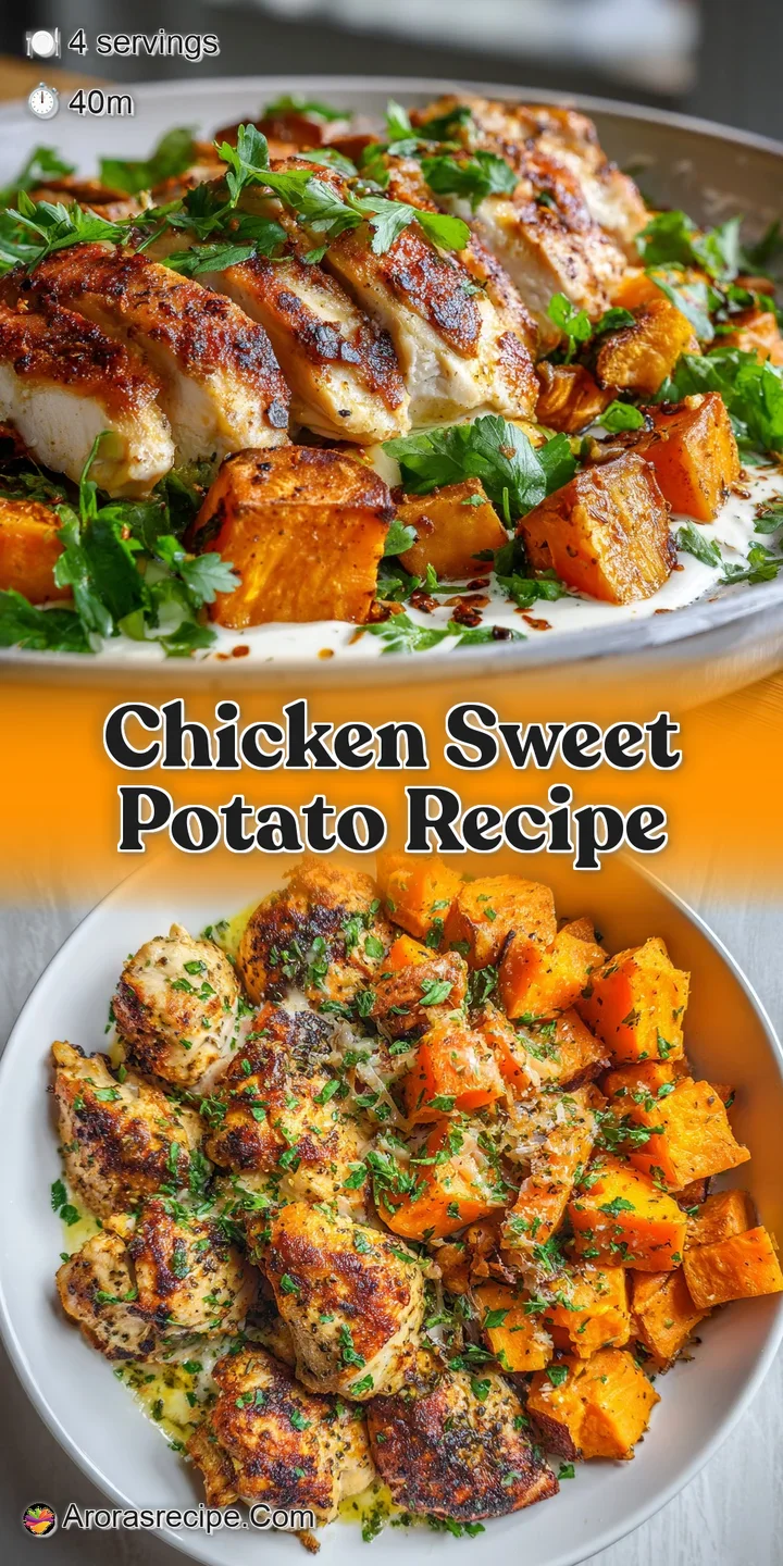 Close-up captures caramelized chicken skin, tender sweet potato, and aromatic herbs. A symphony of color and texture.