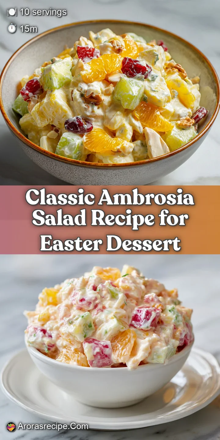 Close-up of ambrosia salad highlighting the textures: soft marshmallows, juicy citrus, and a blanket of rich sour cream.