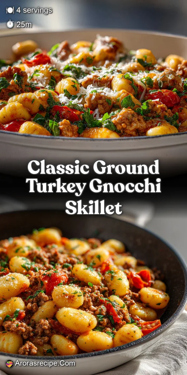 Close-up of tender gnocchi and browned ground turkey, glistening with sauce. Fresh spinach leaves add pops of vibrant green.