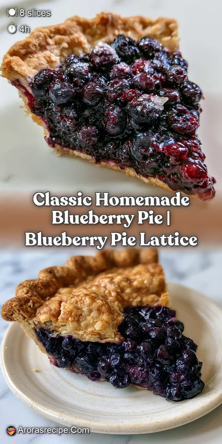 Close-up of golden, shattered pastry crust flakes resting against thick, glossy purple blueberry filling.