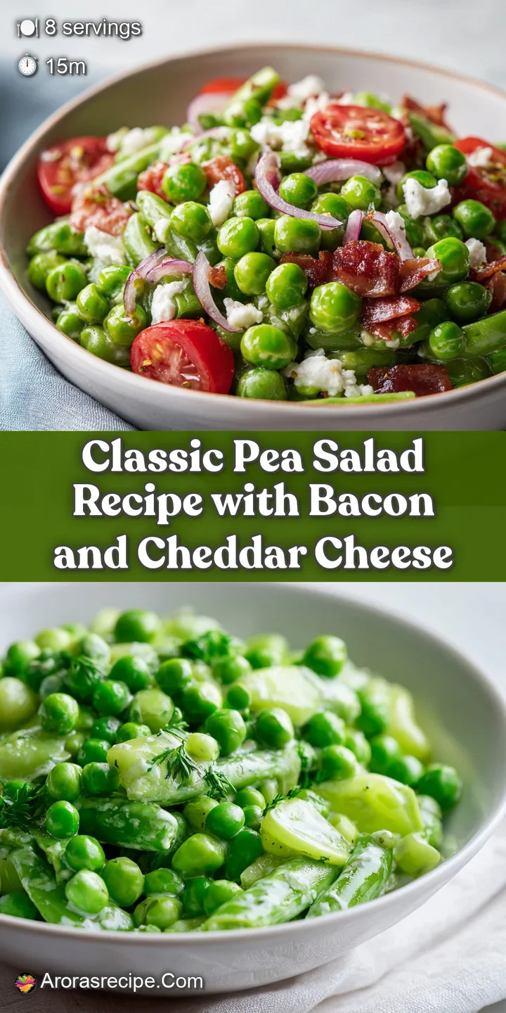 Close-up reveals plump peas, smoky bacon, and sharp cheddar in a creamy, cool dressing with a sprig of dill.