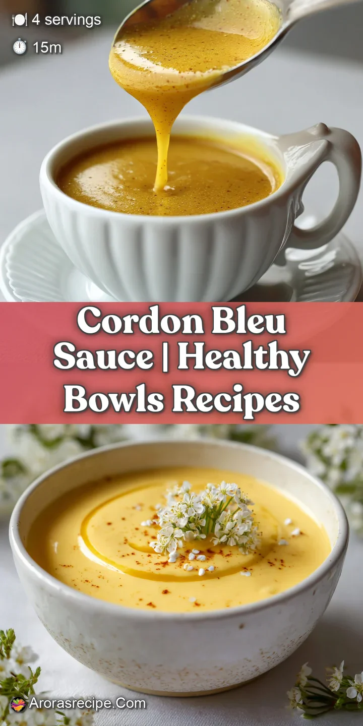 Close-up of luscious, pale yellow Cordon Bleu sauce. Visible herbs and a glossy sheen create a tempting, savory impression.