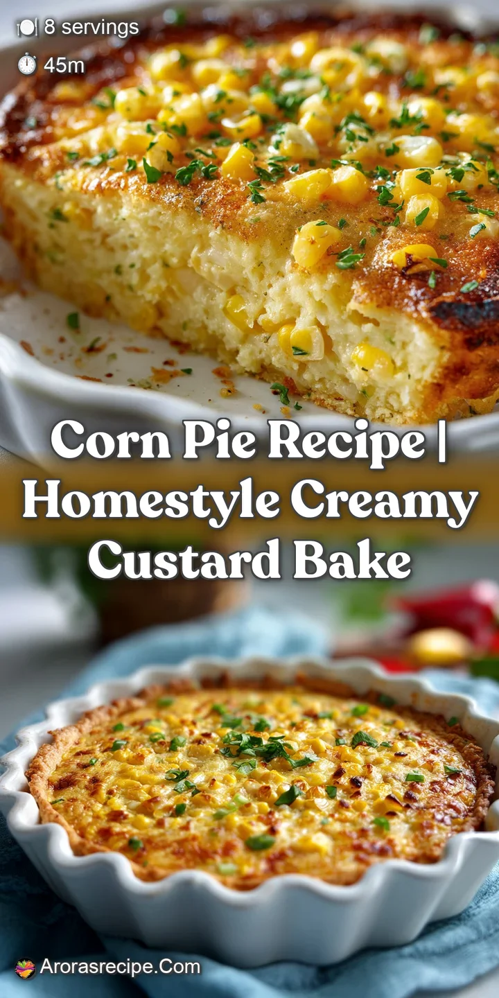 Close-up of a corn pie slice. The smooth, yellow custard contrasts with the browned, bubbling crust, creating a tempting, ...