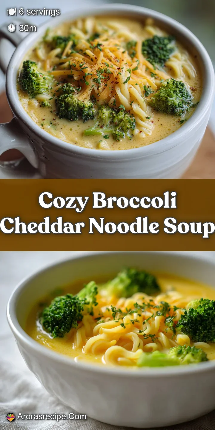 Close-up of rich, cheesy broccoli cheddar soup, highlighting tender noodles and vibrant green broccoli pieces in broth.