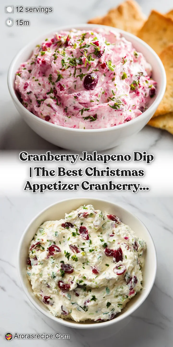 Close-up of bright red cranberries and green jalape&ntilde;o pieces glistening on creamy white cheese.