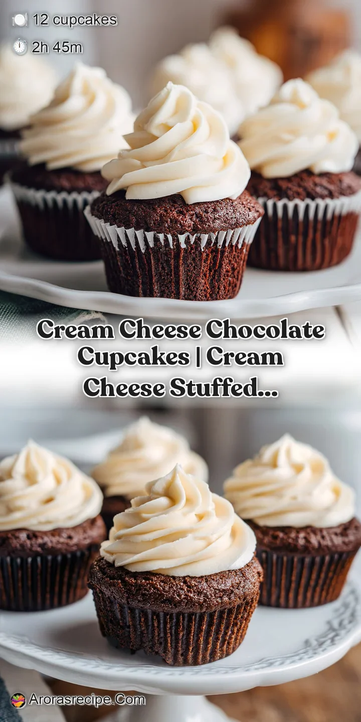 Close-up of a moist dark chocolate cake topped with a swirl of creamy white frosting and a dusting of cocoa powder.