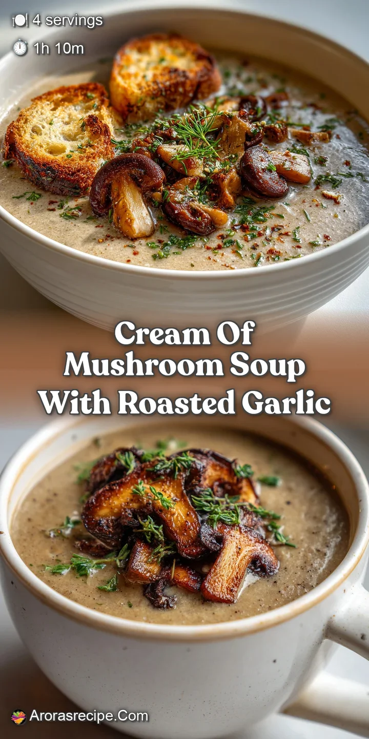 Close-up of velvety mushroom soup; steam rises from the bowl, hinting at earthy flavors and nutty roasted garlic notes.