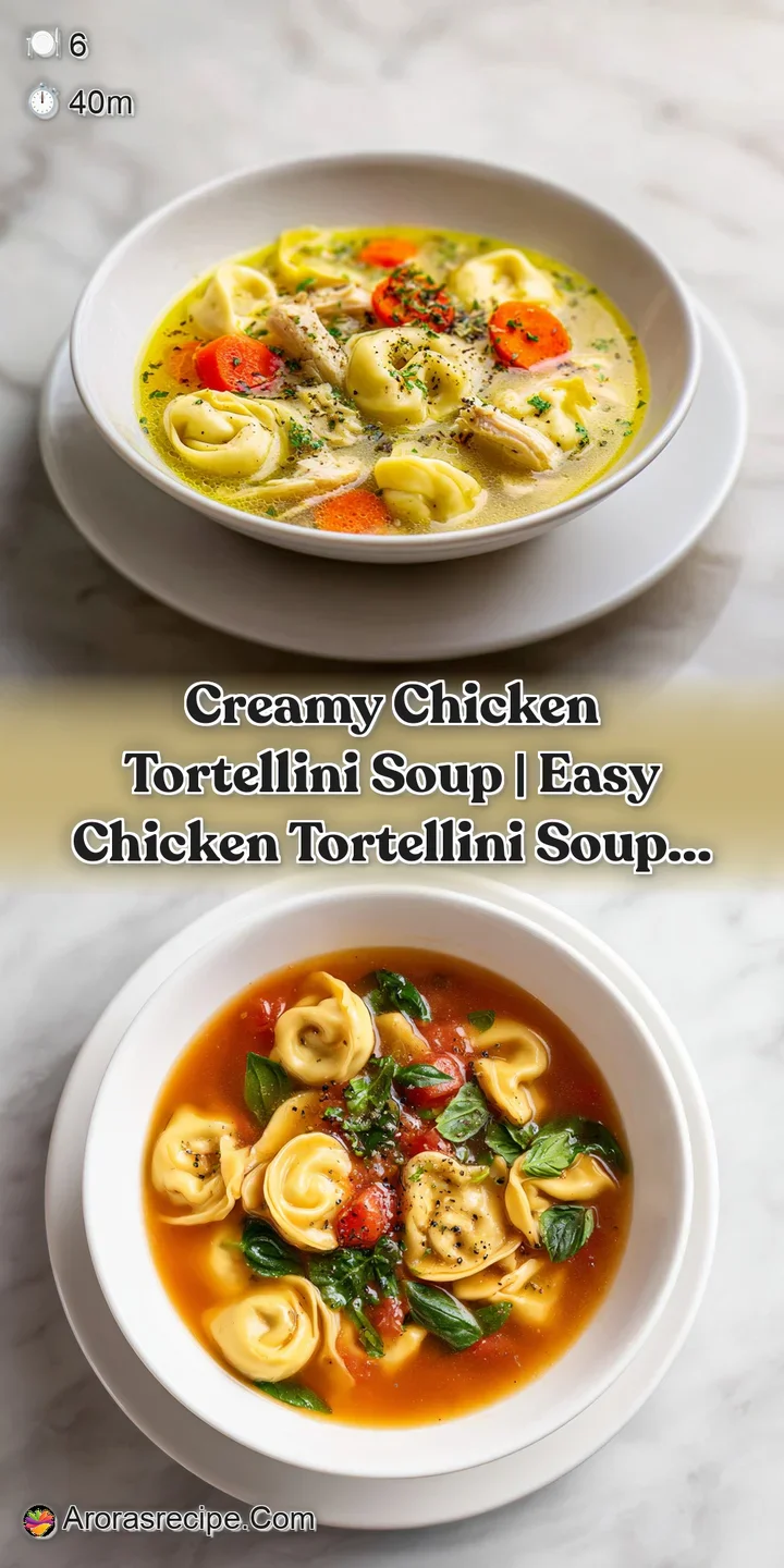 Close-up of al dente tortellini submerged in a steaming, opaque creamy broth with visible chicken pieces.