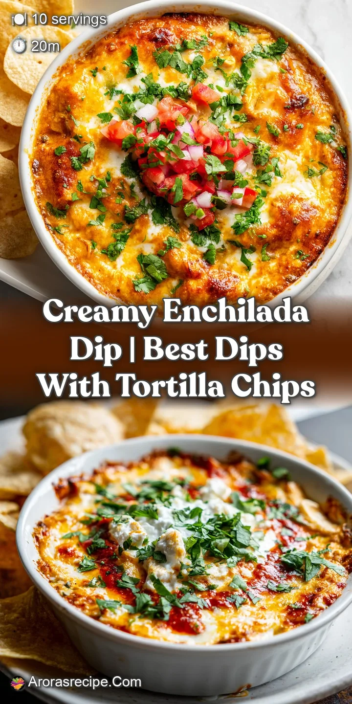 Close-up of rich, cheesy enchilada dip with a tempting swirl of melted cheese and colorful toppings. Hints of steam rise f...