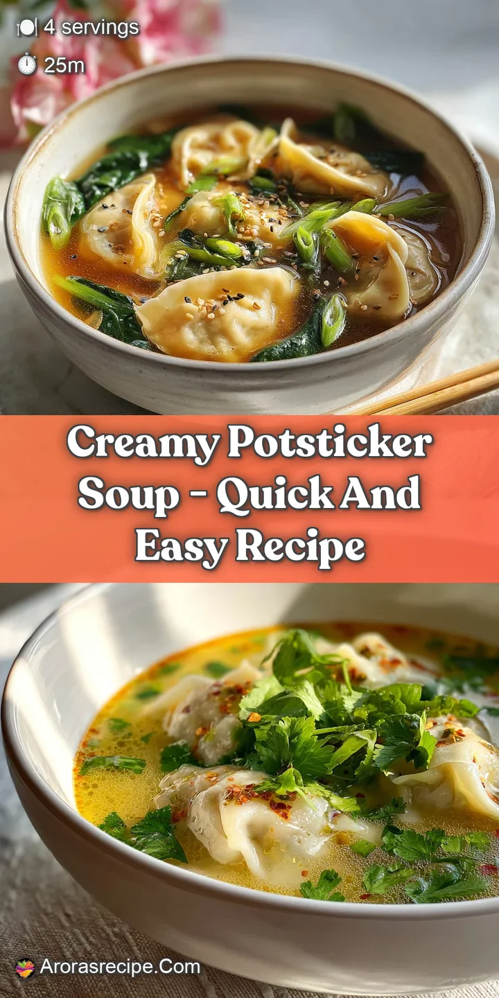 Close-up of glistening potsticker in creamy broth. Flecks of green onion and sesame seeds add texture to the rich soup.