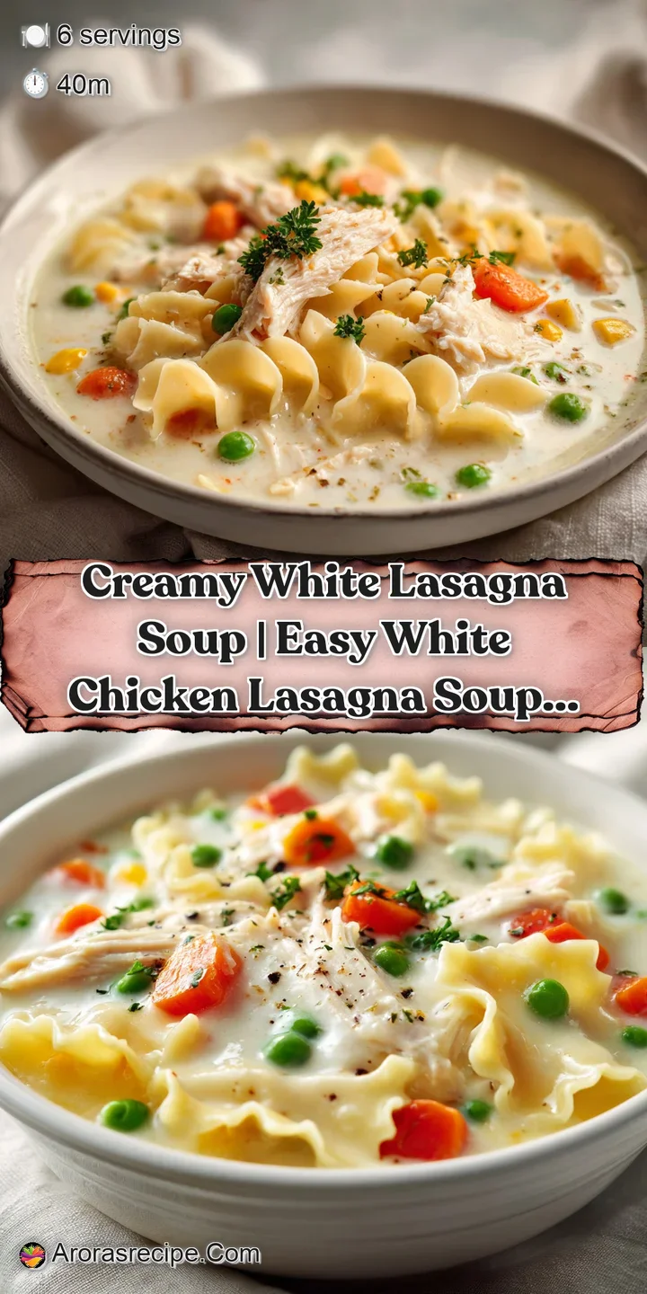 Close-up of rich white lasagna soup with dollops of creamy ricotta and torn pasta pieces.