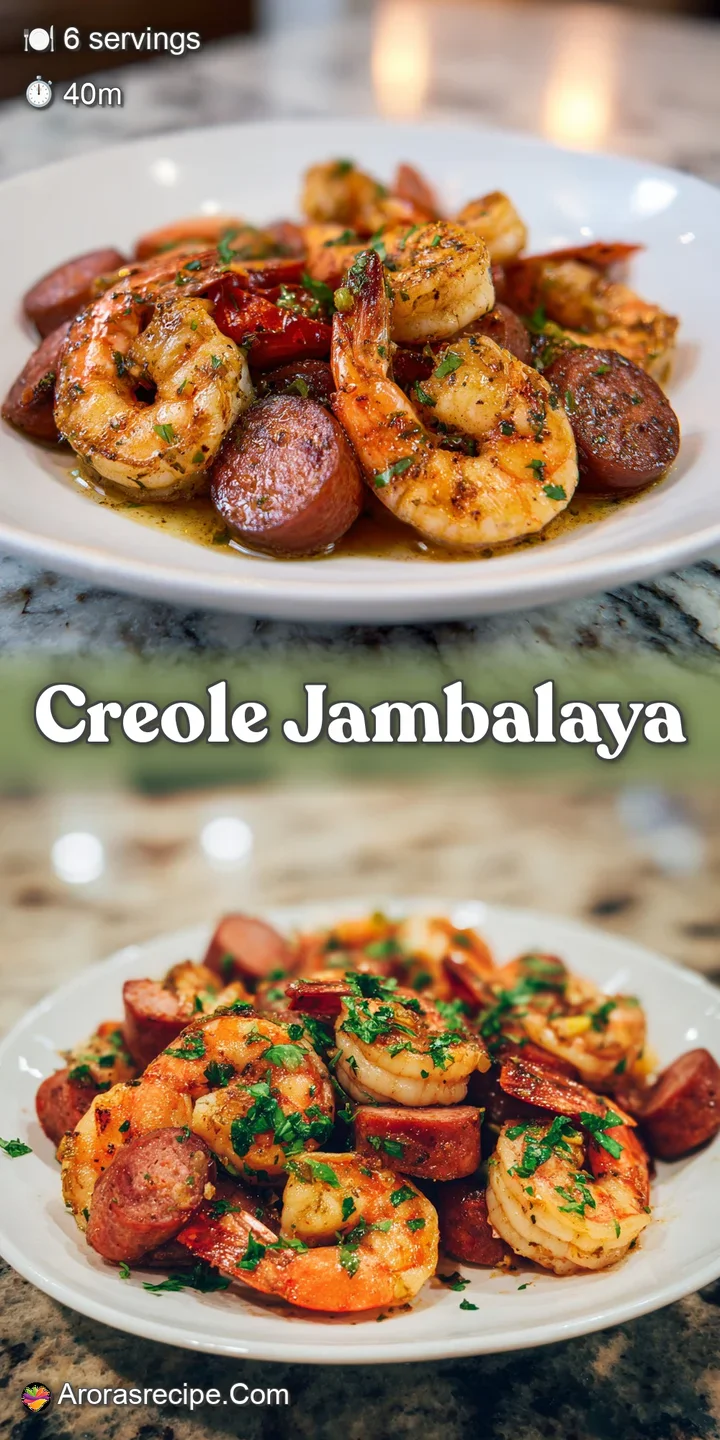 Close-up of juicy shrimp and flavorful sausage mingled with rice and vegetables, highlighting the rich, spicy sauce of the...