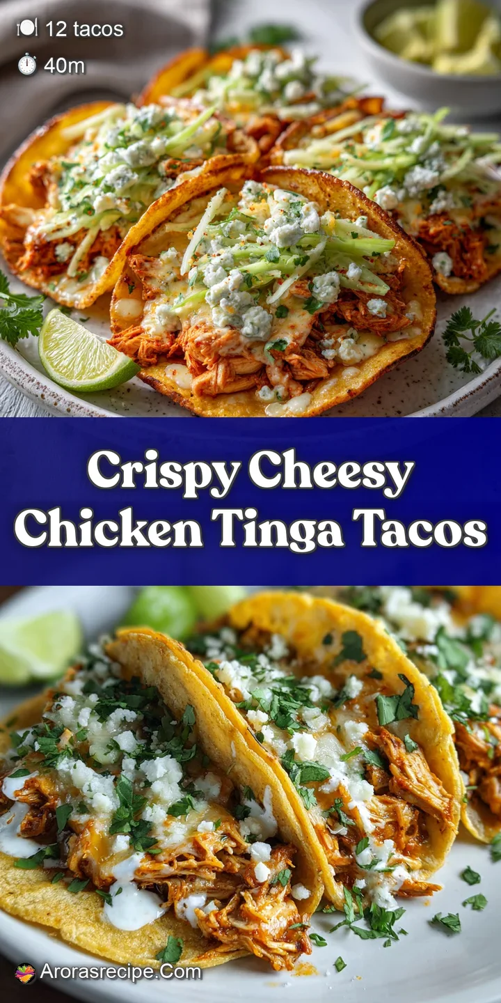 Close-up of a cheesy, crispy taco overflowing with tender chicken tinga, hinting at smoky flavors and a satisfying crunch.