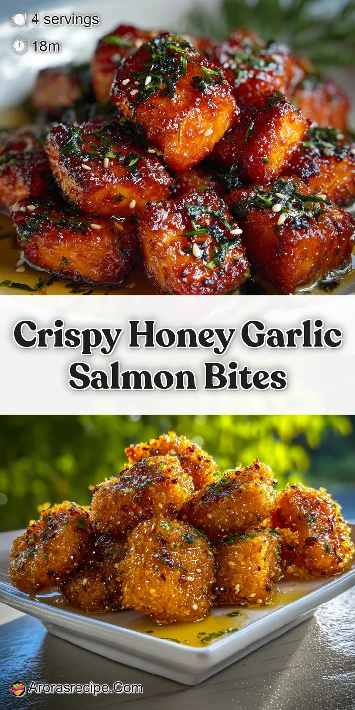 Close-up of honey garlic salmon, revealing flaky texture & glistening glaze, a tantalizing bite-sized treat with vibrant g...