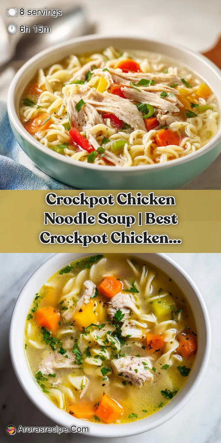 Close-up of golden chicken pieces and wavy noodles in a rich, savory broth with visible carrot slices.