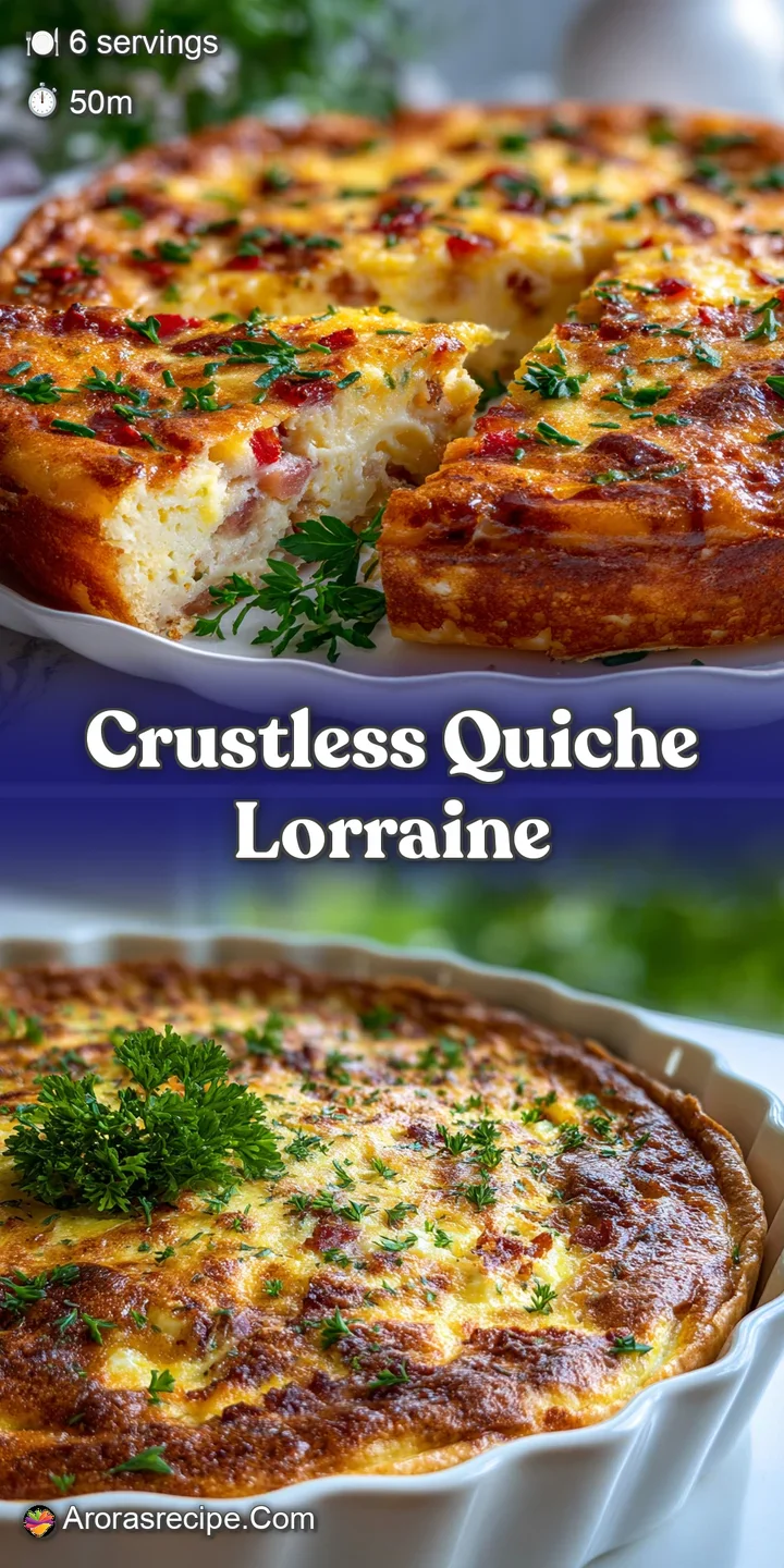 Close-up of a crustless quiche slice showing a velvety custard texture dotted with crispy bacon. Warm, eggy aroma visually...