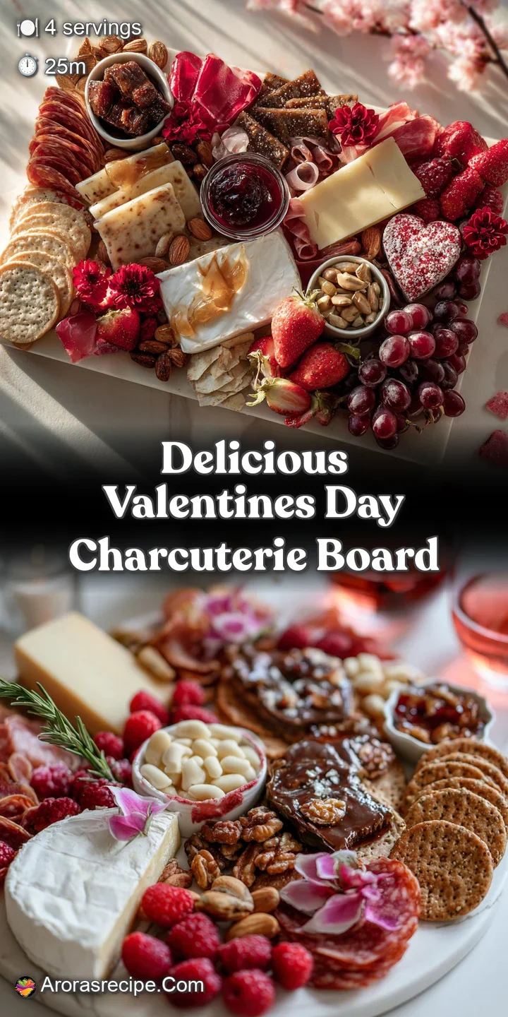 Close-up of a Valentine's Day charcuterie board, highlighting the textures of creamy brie, cured meats, and juicy red stra...