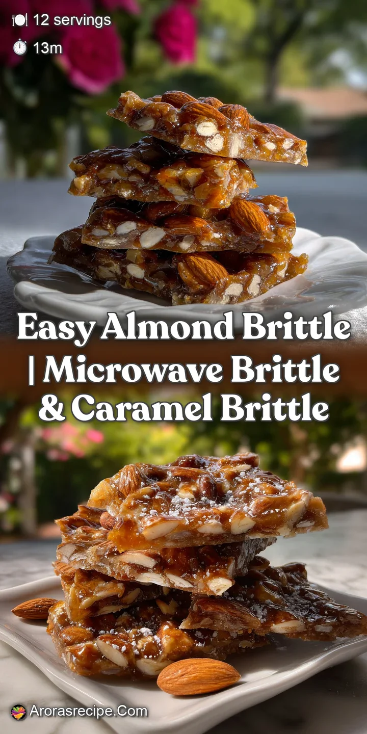 Golden, crackled almond brittle with a glossy, caramelized surface, reflecting light and promising a satisfying crunch.