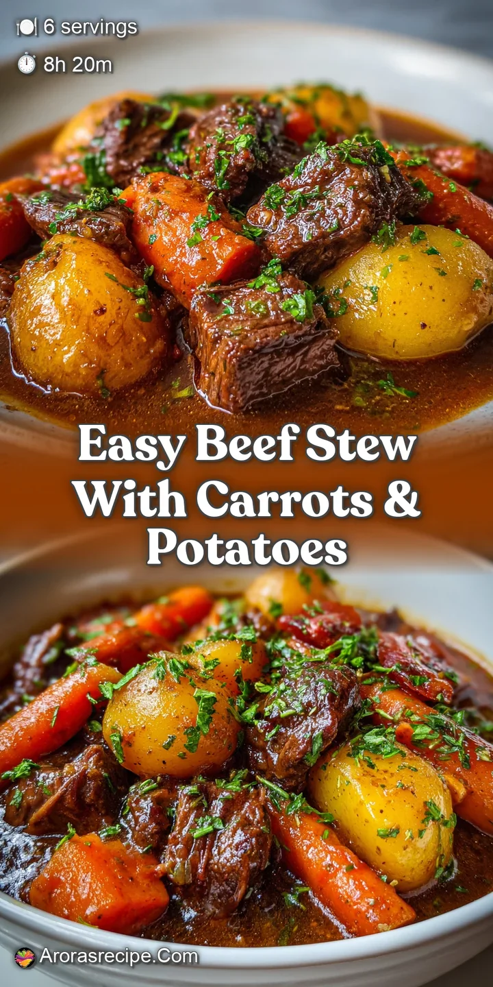Close-up of beef stew showing glistening chunks of beef, soft potatoes, and tender carrots in a thick, savory gravy.