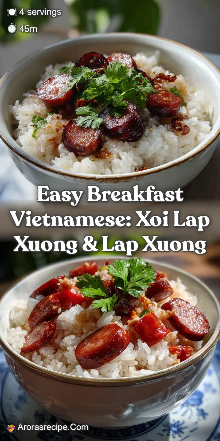 Steaming bowl of sticky white rice speckled with dark sausage, garnished with fresh herbs and a drizzle of oil, vibrant an...