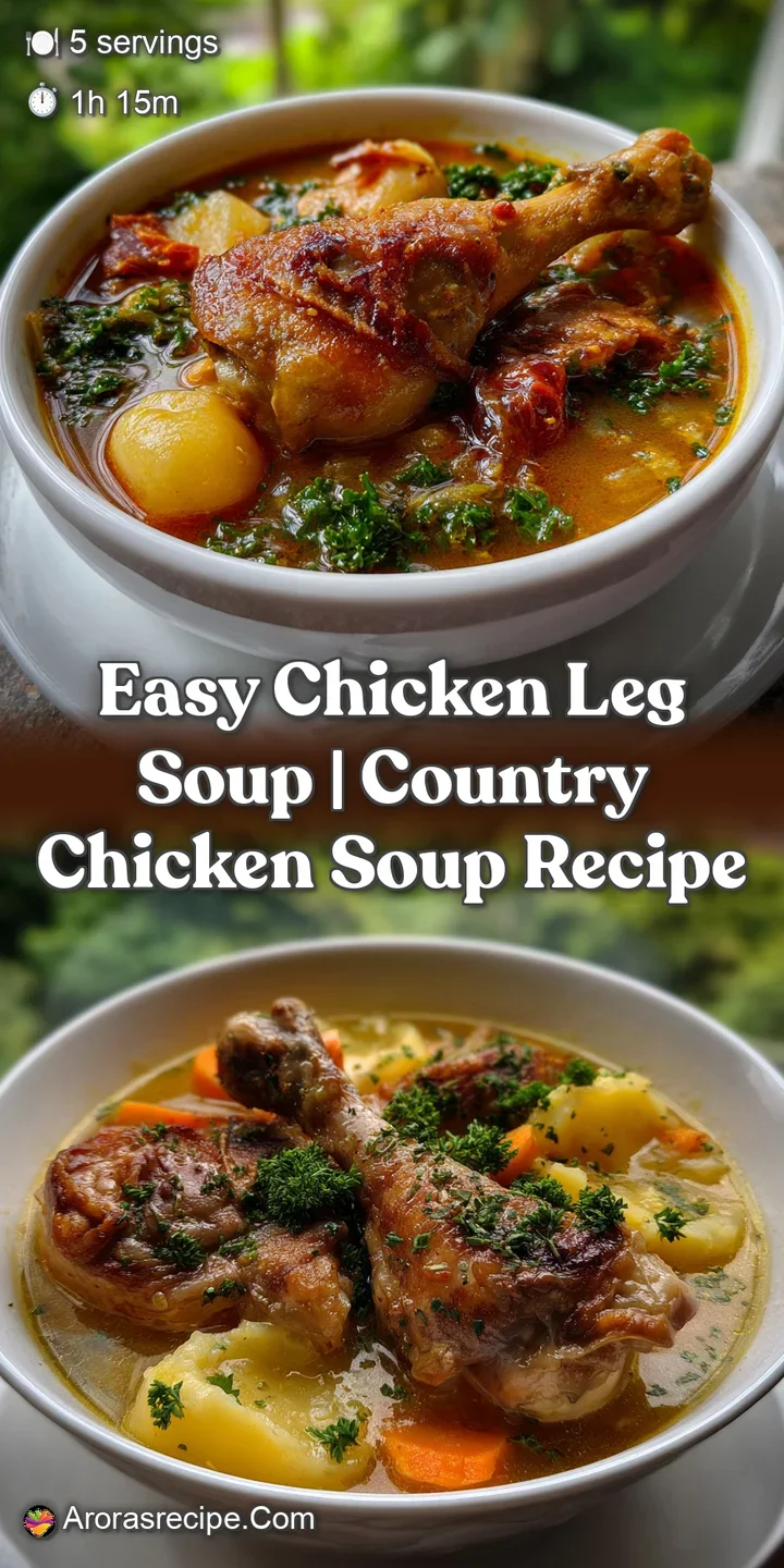 Tender chicken leg submerged in a rich, golden broth, with floating herbs and delicate sheen; a comforting, warm bowl.