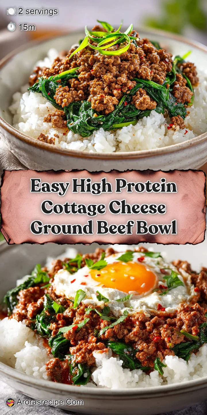 Close-up of a rich, textured dish featuring seasoned ground meat swirled with soft cottage cheese and a scattering of verd...