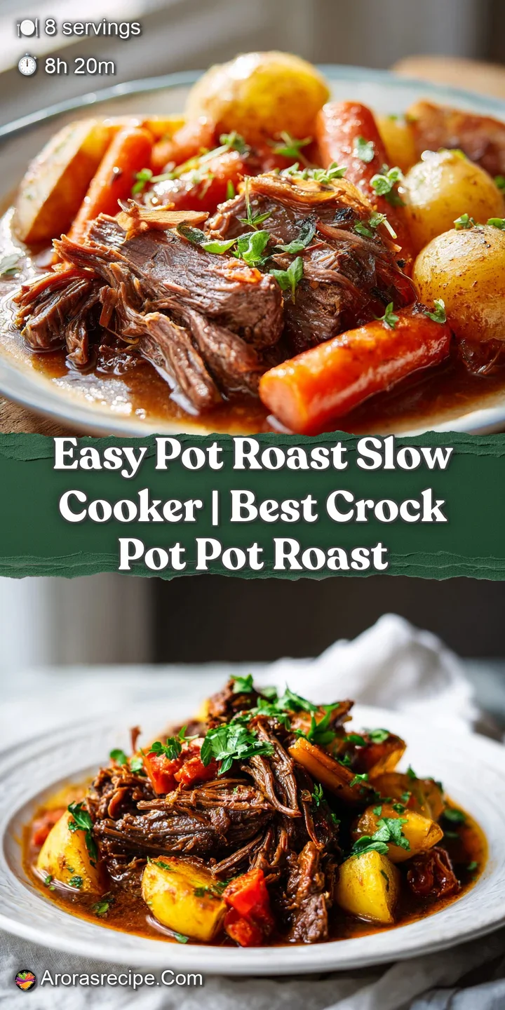 Close-up of succulent, fork-tender pot roast glistening in a luscious, dark gravy.