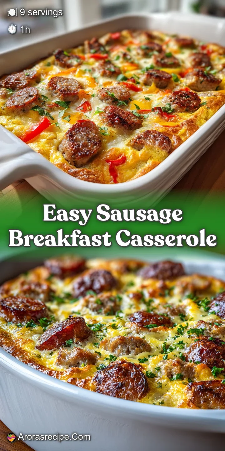 Close-up of bubbly, golden-brown sausage casserole. Crusty top with savory sausage bits peeking through, promising a warm,...