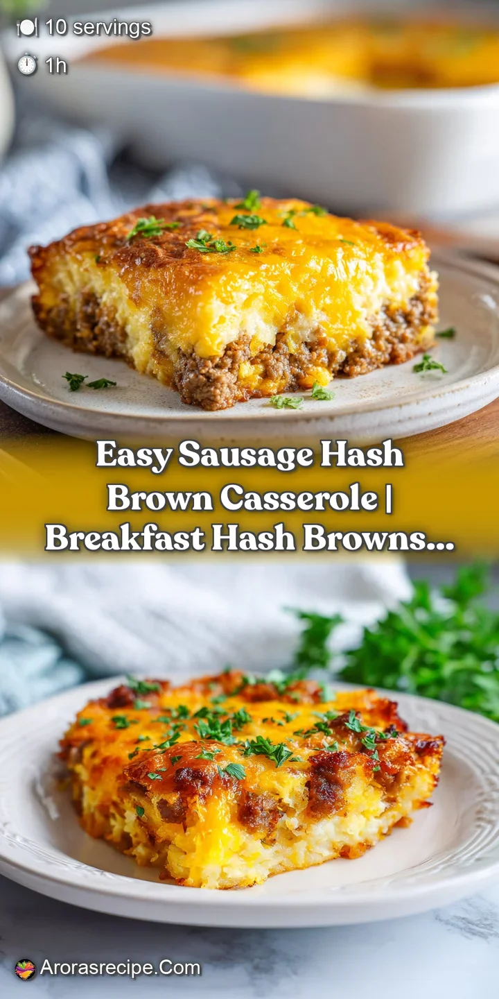 Close-up of a warm, comforting sausage hash brown casserole with melted cheese and bits of savory sausage.