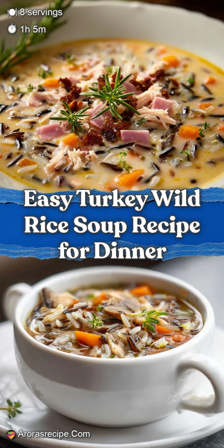 Close-up of hearty turkey wild rice soup, showcasing tender turkey pieces and plump grains in a creamy, savory broth.