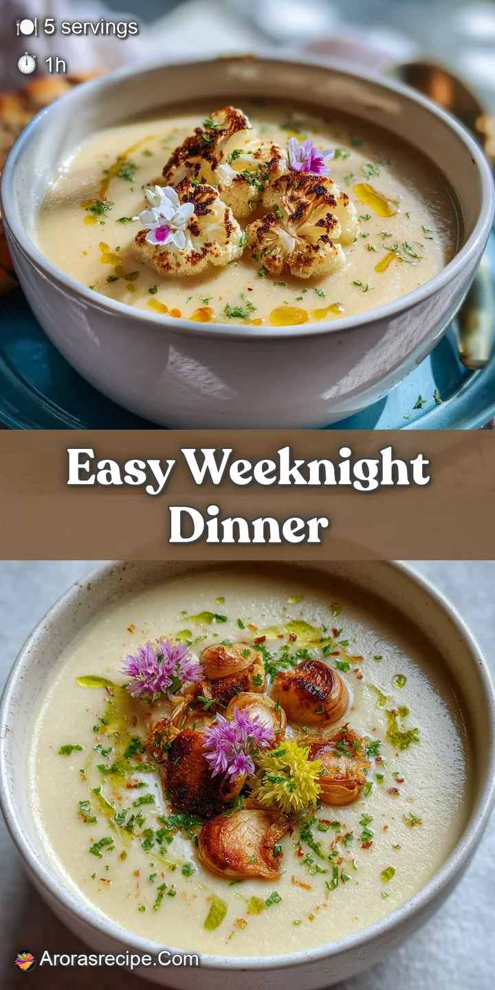 Close-up of creamy cauliflower soup. Roasted garlic cloves add caramelized bits. A luscious texture that invites a warm, c...