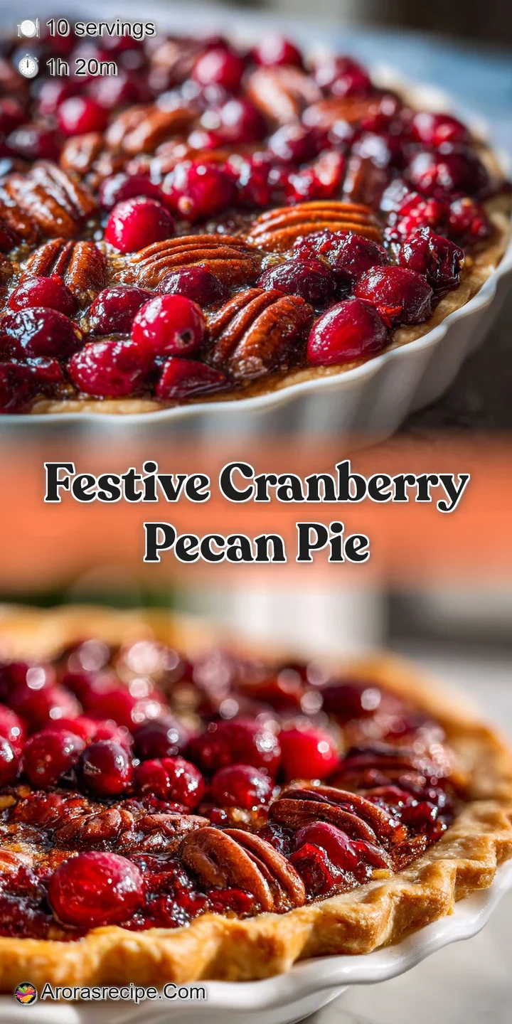 Close-up shot of a cranberry pecan pie showcasing the vibrant cranberries and crunchy pecan pieces embedded in the filling.