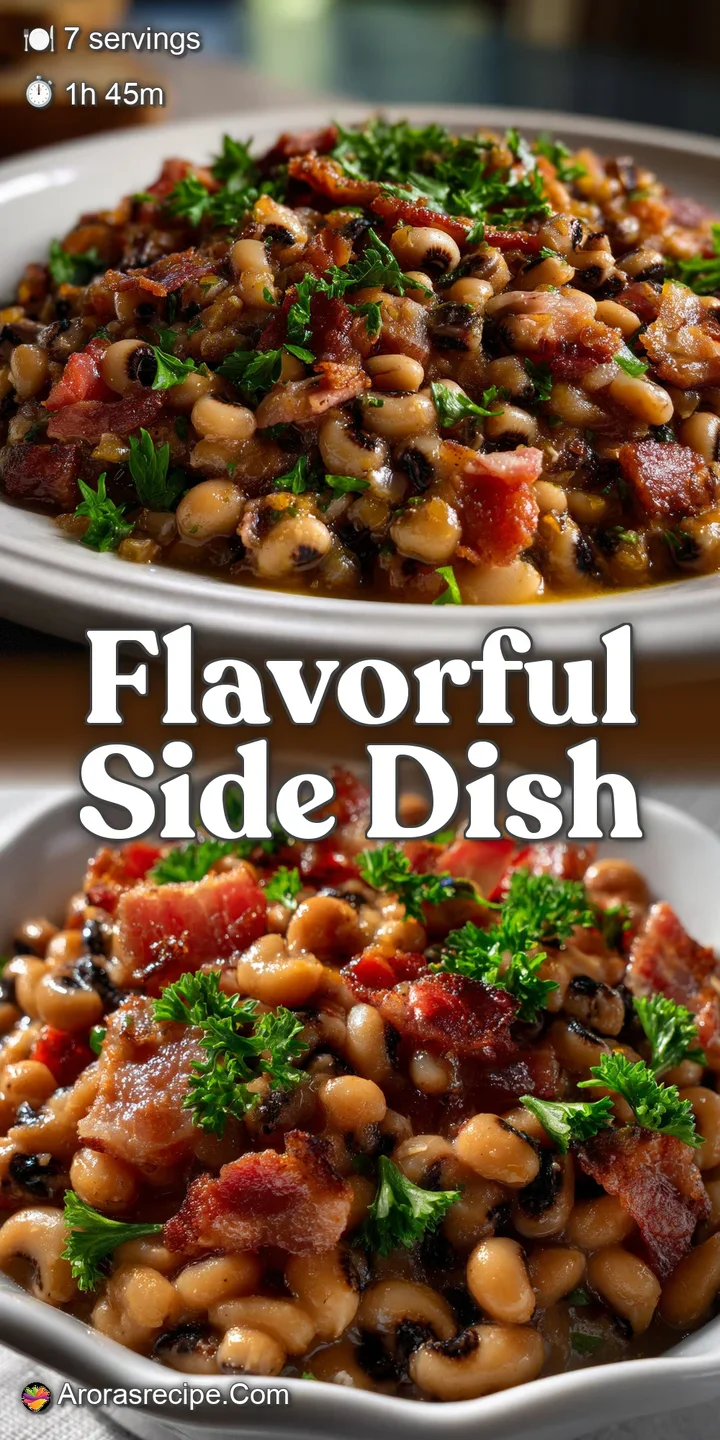 Close-up shot of rich, creamy black-eyed peas with visible chunks of bacon. The steam rising off the dish hints at its war...