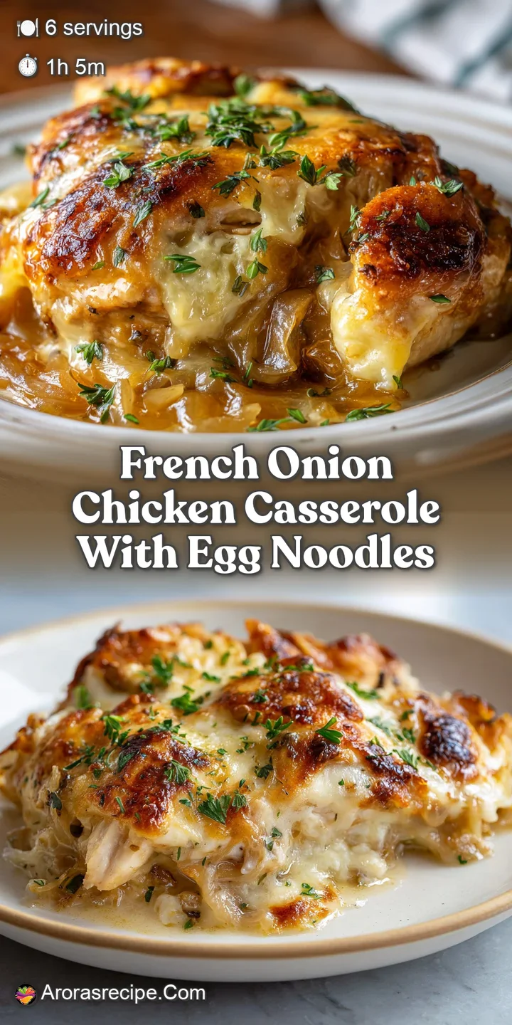 Close-up of French onion chicken casserole. Melted cheese, golden onions, and steaming rice create an irresistibly warm dish.