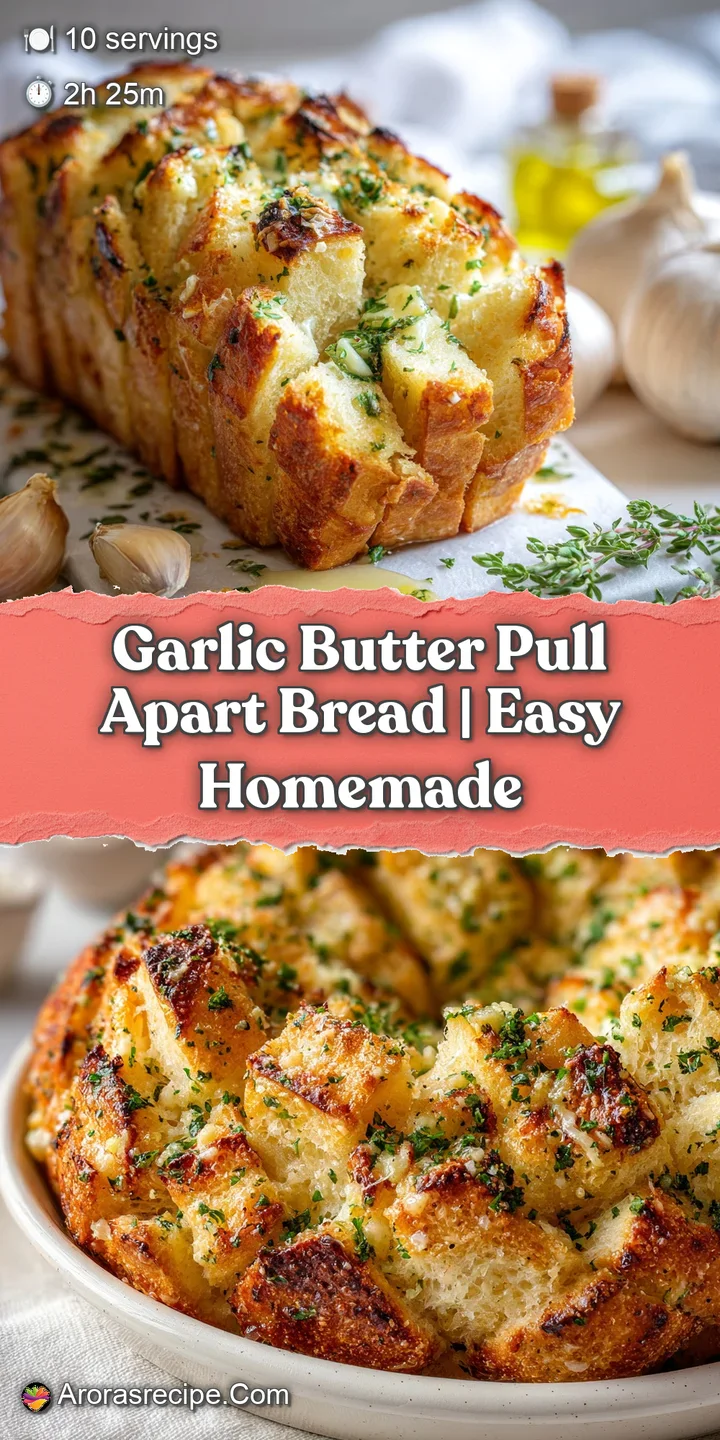 Close-up shot of garlic butter pull apart bread: Crispy golden crust and soft, buttery layers flecked with fresh herbs and...